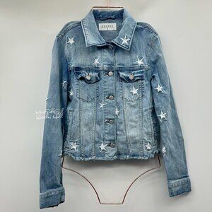 Eunina Star Embroidered Distressed Light Wash Denim Jacket With Frayed Hem